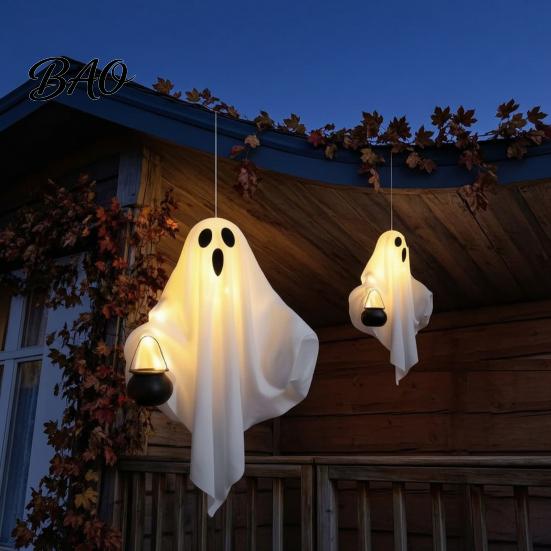 Durable Fabric Party Props Halloween Hanging Ghost with LED Lights, Spooky White Gauze Glowing Ornament, Unique Gift Ideas Flexible Figures