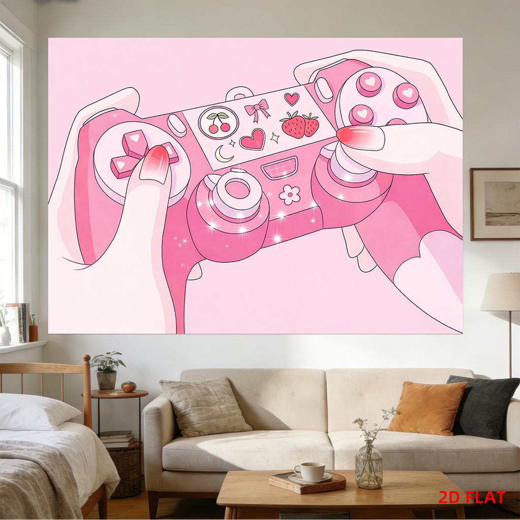 Rosa Gamer-jente Veggteppe, Kawaii Jordbær Spillkontroller Veggheng, Estetisk Romdekor for Soverom Stue