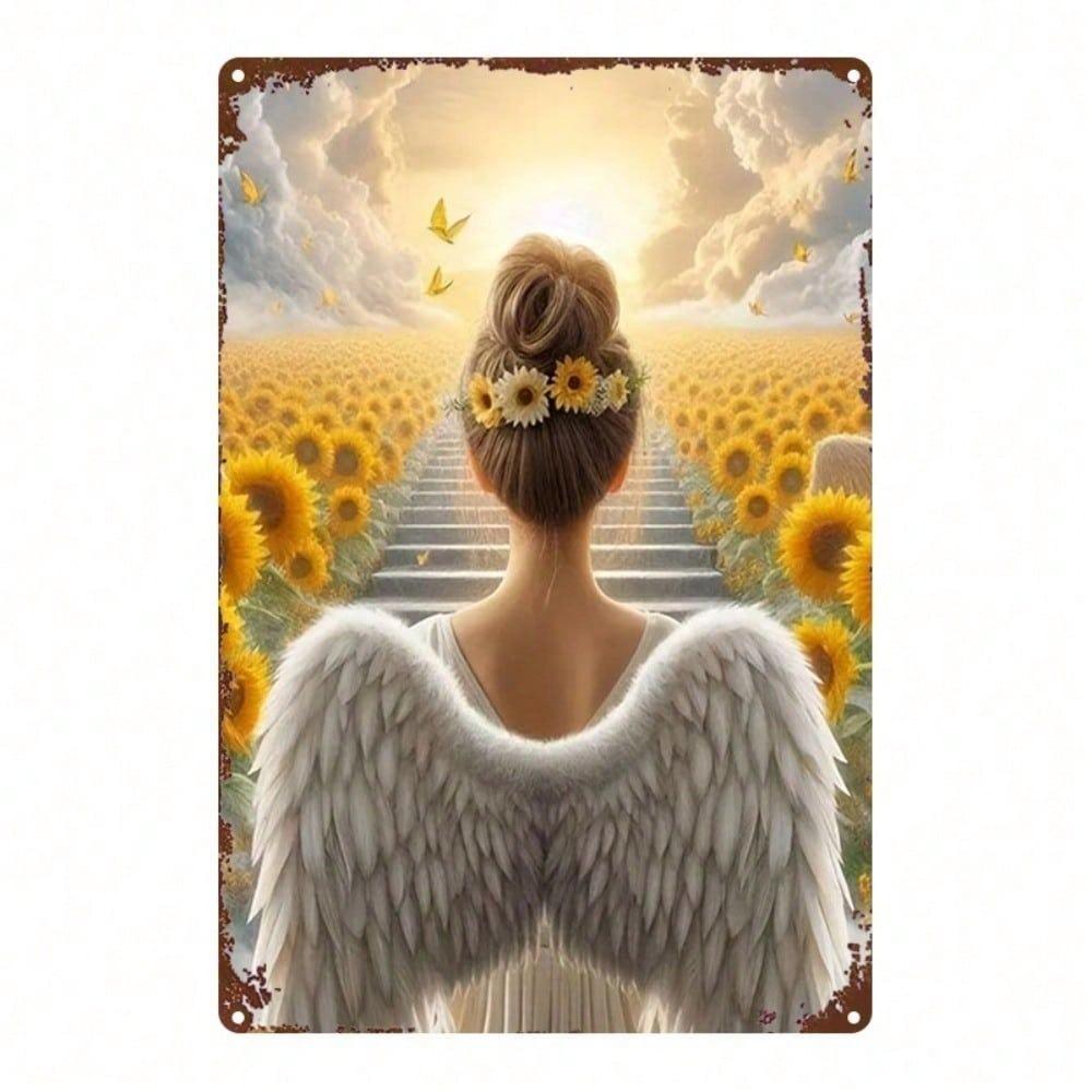 Vintage Metal Tin Sign Sunflower and Angel Wall Art Decor for Home Cafe 20x30cm