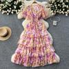 Retro V-Ausschnitt Schmetterlingsärmel Druck Chiffon Elegantes Sommerkleid A-Linie Schlagärmel Urlaubsdruck Damenkleider