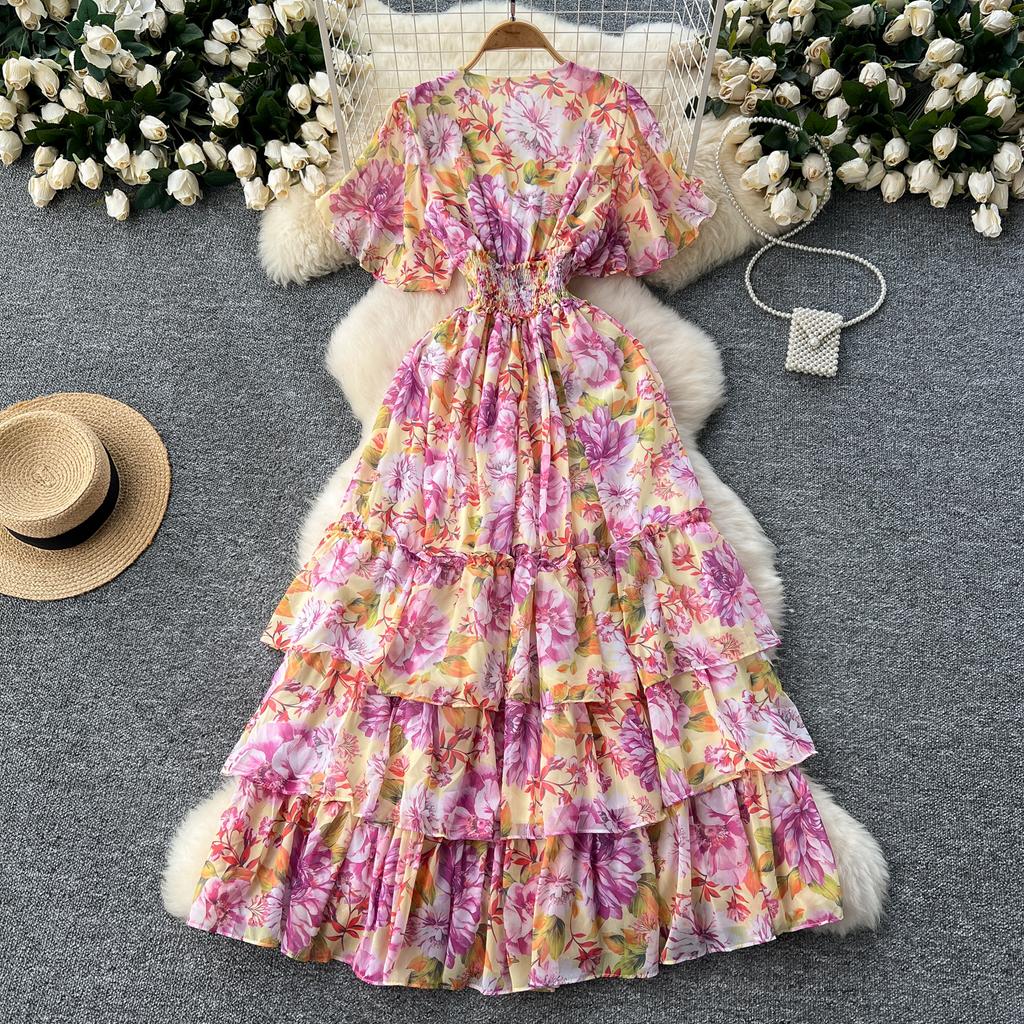 Retro V-Ausschnitt Schmetterlingsärmel Druck Chiffon Elegantes Sommerkleid A-Linie Schlagärmel Urlaubsdruck Damenkleider