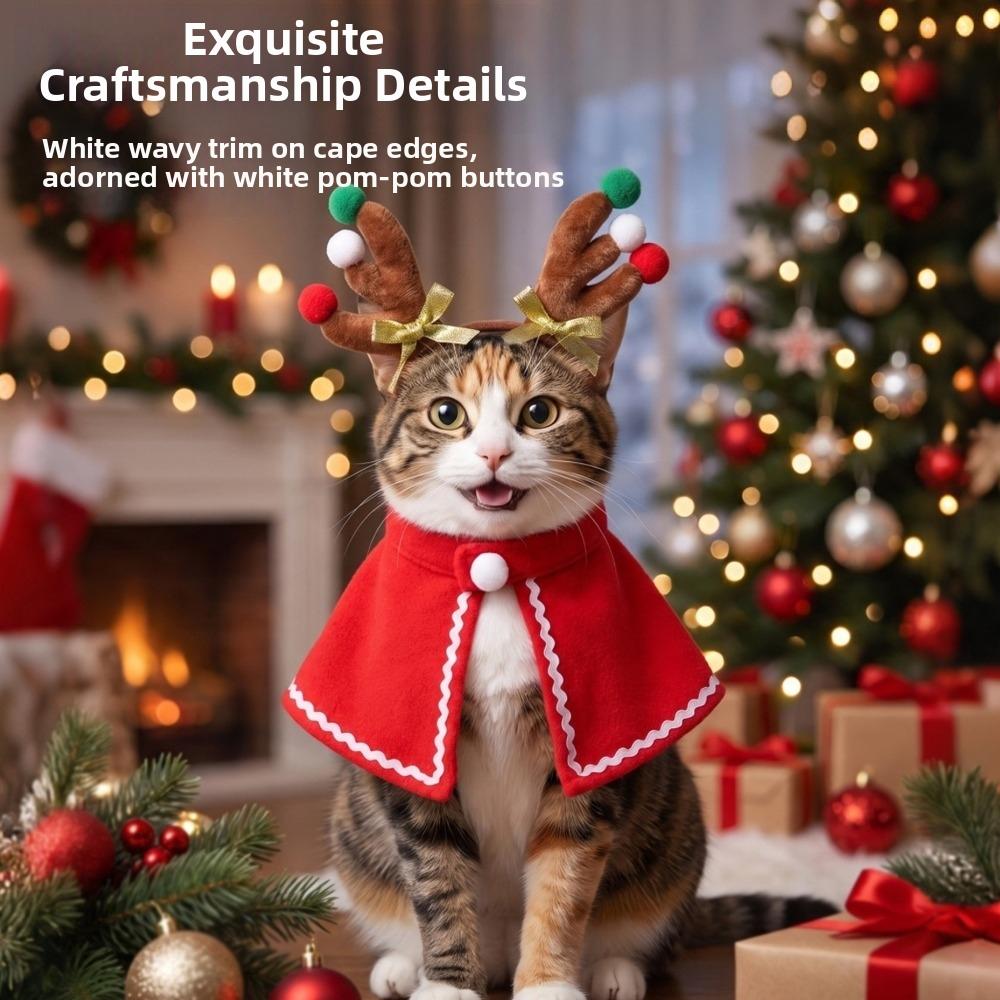 2PCS/Set Warm Dog Antlers Headband Soft Fabric Pet Christmas Cloak Set Pet Holiday Outfit Christmas