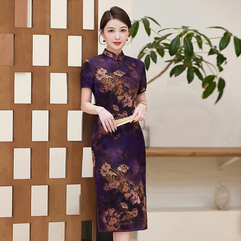 Fragrant Cloud Yarn Dress Retro Improved Printing Medium and Long Heavy Mulberry Silk Cheongsam Skirt Women