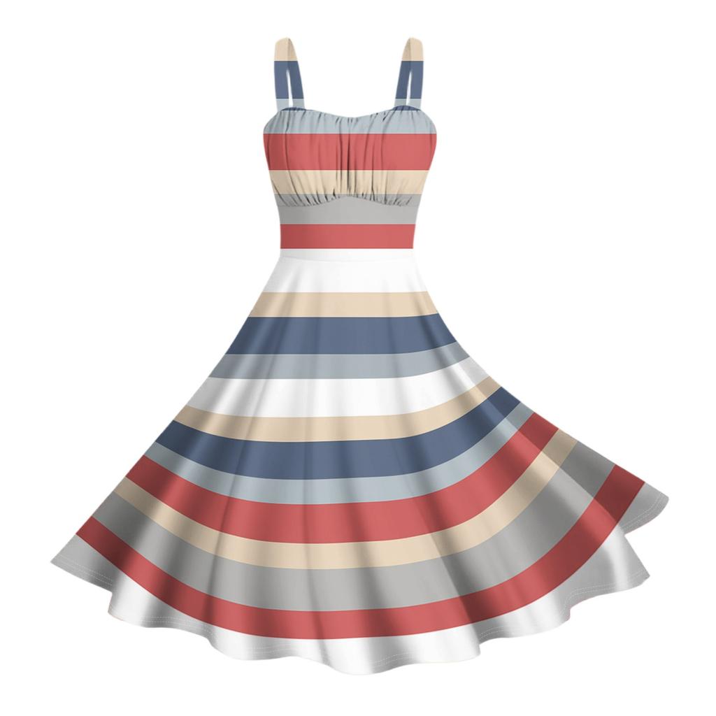 Women's Vintage Sleeveless Pleated Patchwork Cute A-Line Hem Striped Printed Dresses