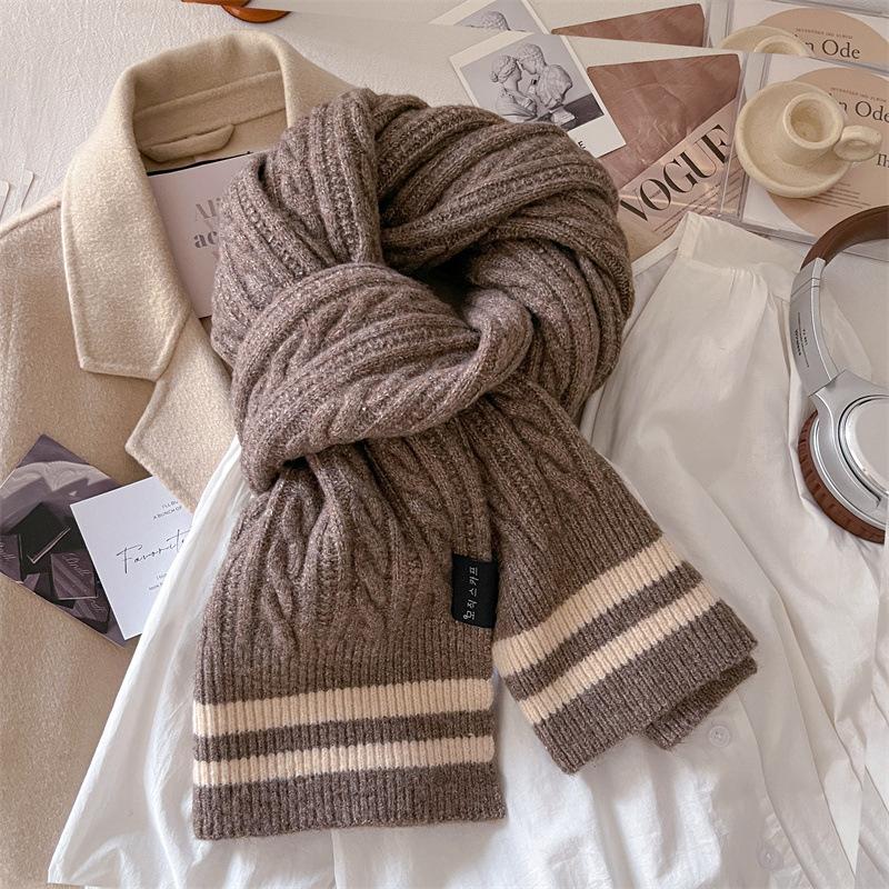 Striped two-color wool knitted scarf women's winter versatile trend cute girl student warm scarf
