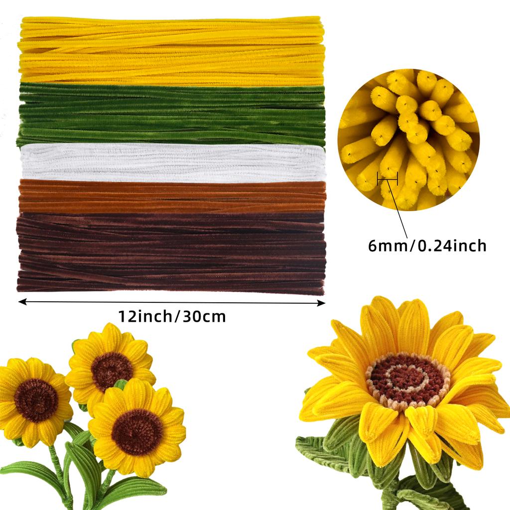 280pcs Golden Yellow Sunflower Pipe Cleaners With 20 Flower Stem Wire 1 Garden Tape 1 Warp Paper 1 Silk Ribbon 2 Glue Stickers