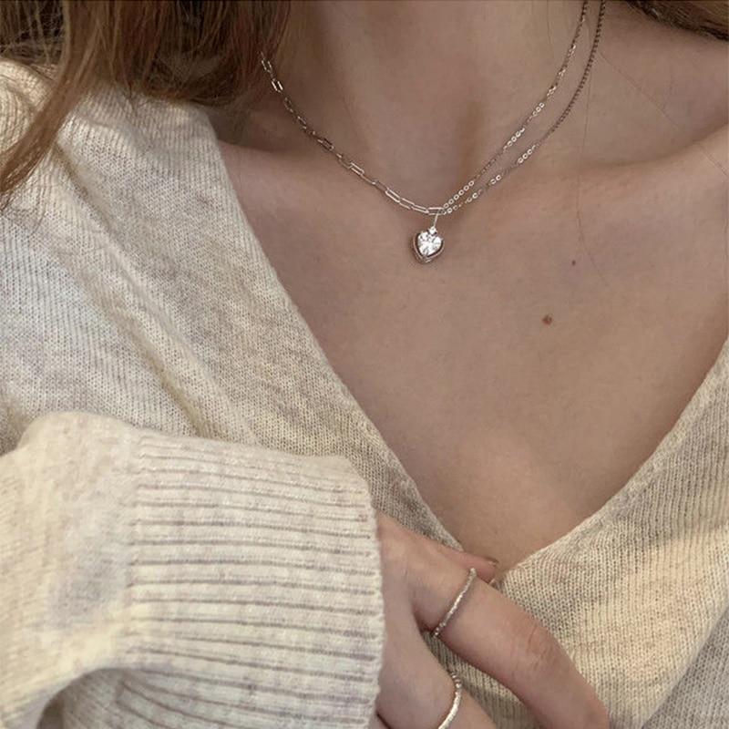 Sterling Tone Love Heart Cubic Zircon Women Necklaces Charm Pendant Clavicle Chain Choker Celebration Party Event JewelryTrendy Pendant