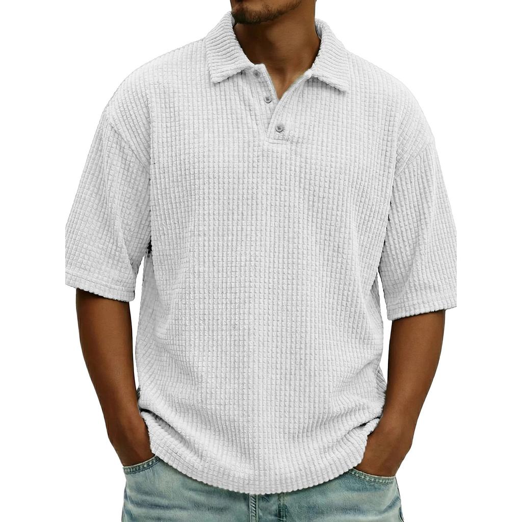 Mens Knit Short Sleeve Polo Shirt Casual Loose Fit Knitwear Top with Button Placket Collar
