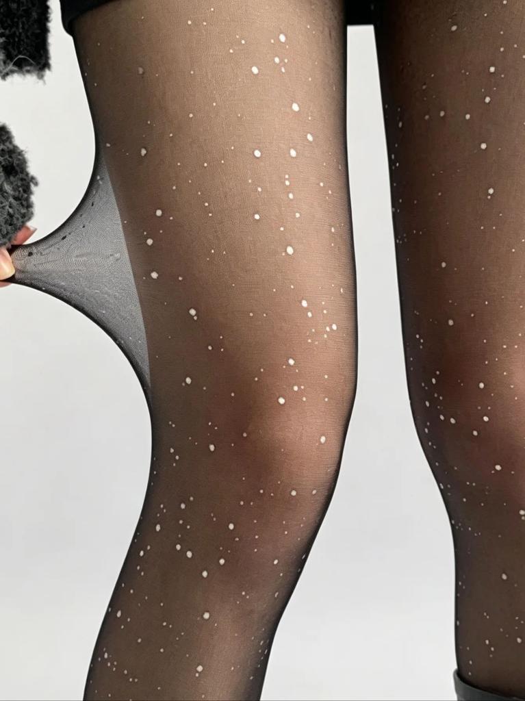 Women'S Sparkly Foil Print Galaxy Star Sheer Tights, 1 Pair Preppy Style Shiny Feminine Hosiery For Campus & Daily Outfits