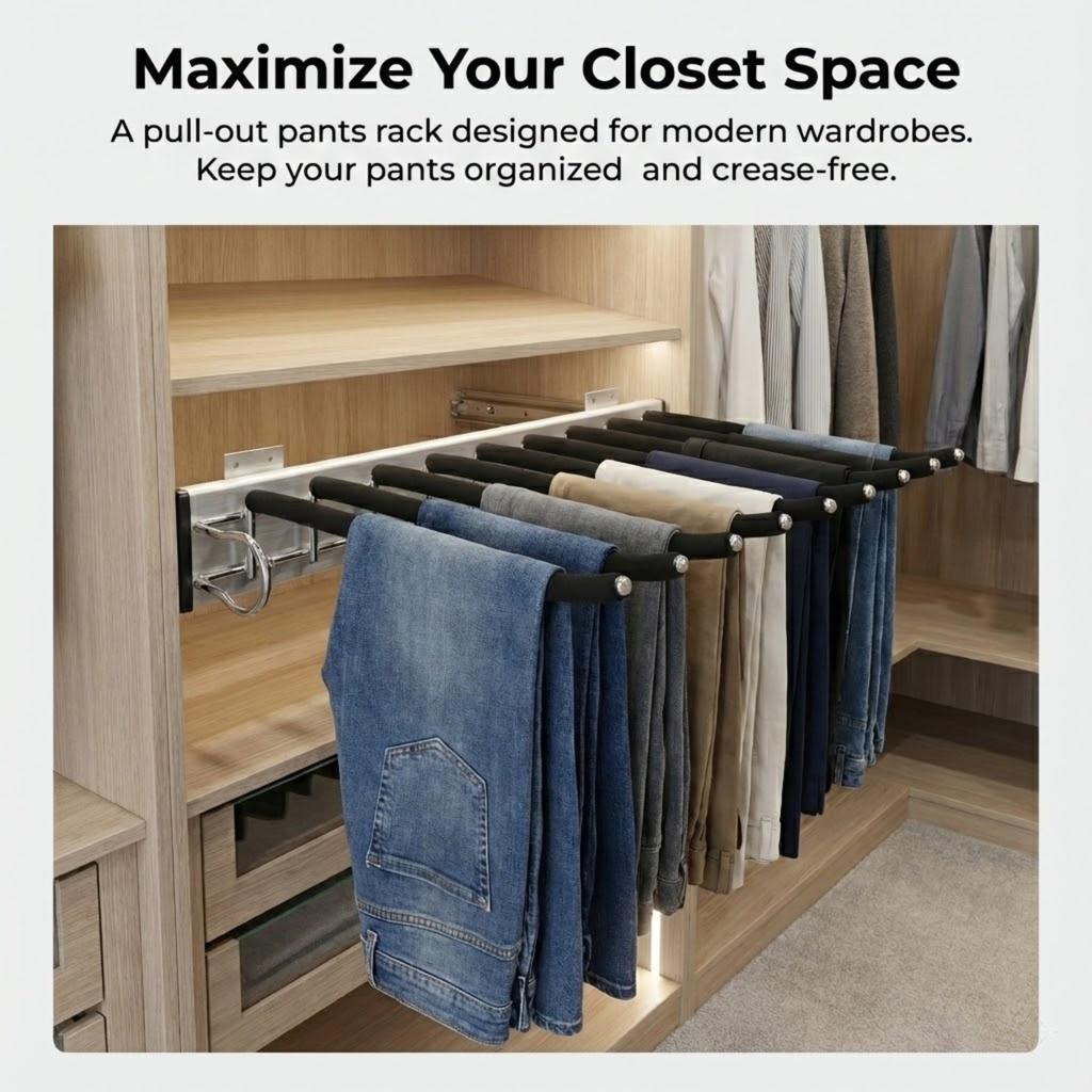 Space Saving Trousers Hanger Bar Retractable Closet Pull Out Rack Non Slip Flocking