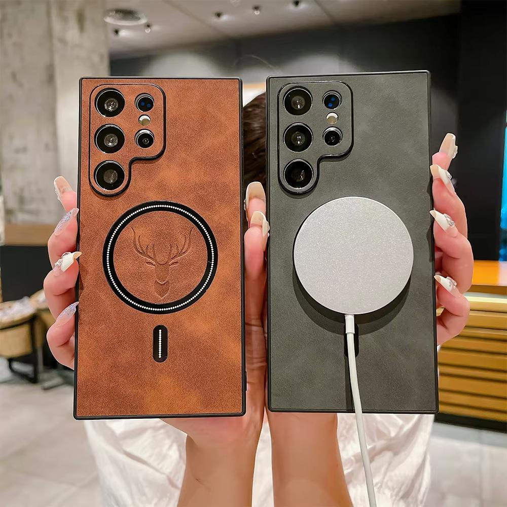 Luxury Leather Deer Texture Case For Samsung S25 Ultra S24 Plus S23 S22 S21 FE Note 20 Ultra 10 For Magsafe Magnetic Phone Cover