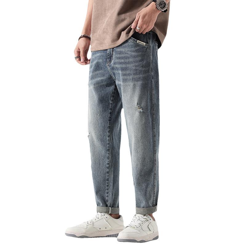 Retro Washed Micro-cone Ripped Jeans Male Dad Casual Trousers American Micro-ha Radish Trendy Brand Boys Pants