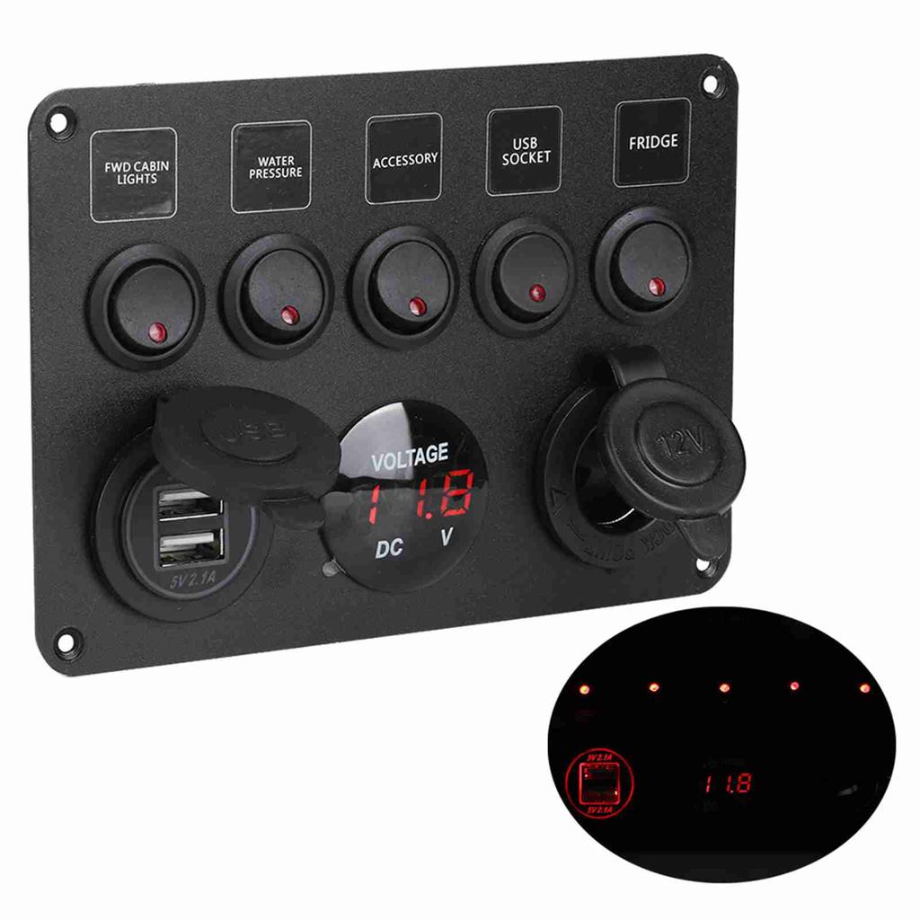5 Gang LED Toggle   Panel with Digital Voltmeter   for RV Car Motorboat