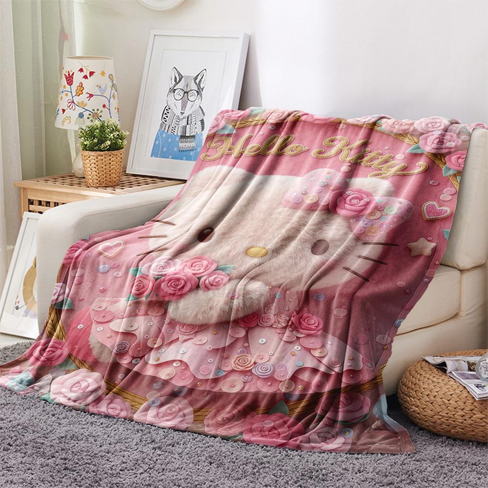 1PC Hello Kitty Pink Print Flannel Blanket, High quality All Seasons, Home Decor, Warmth and Comfort, Perfect for Christmas Gifts