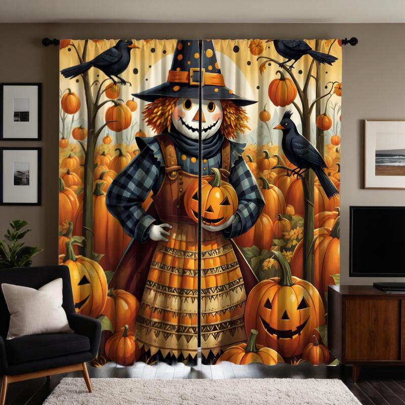 2ks set HD Halloween Pumpkin Patch Scarecrow dekorativní závěs Žlutá kravata s digitálním potištěným závěsem Domácí dekorace styl prosinec