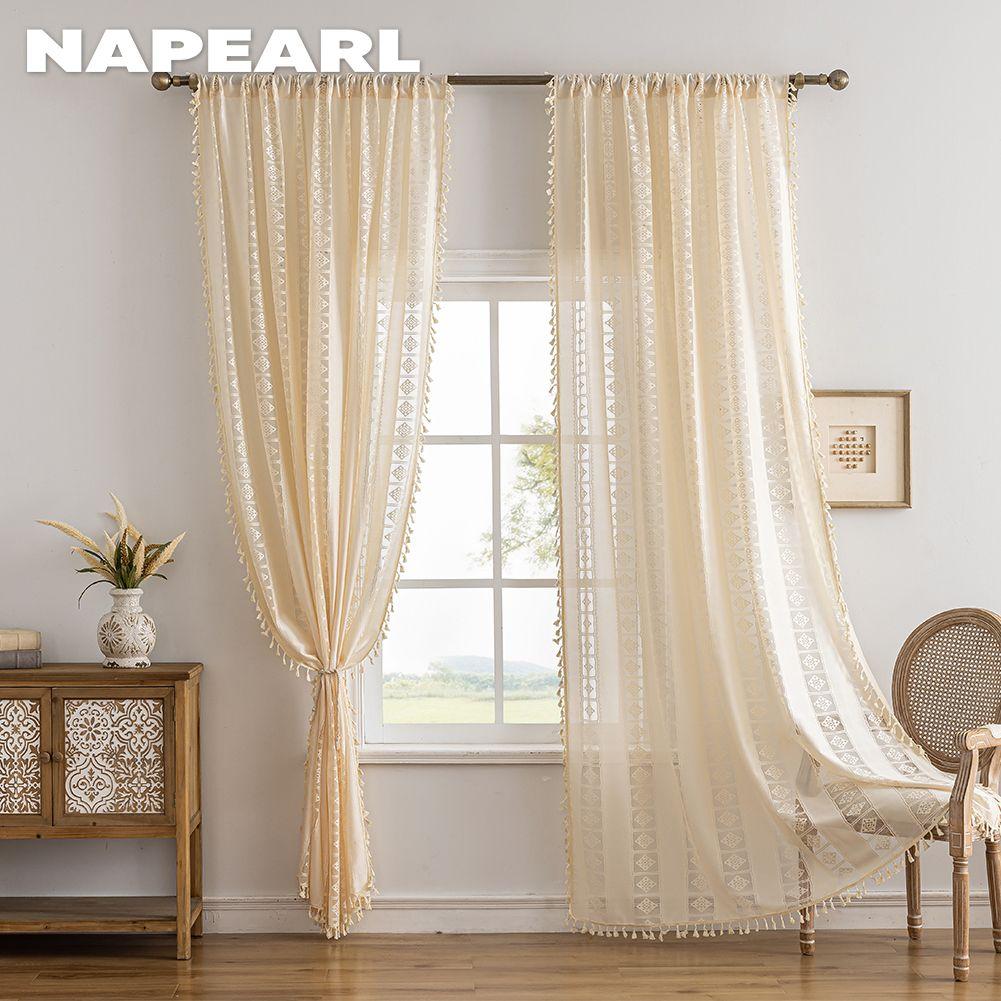 1PC NAPEARL Bohemian Style Jacquard Curtains Tassel Edge Rod Pocket Type Sheer Curtain for Living Room Bedroom Balcony Window Home Decor