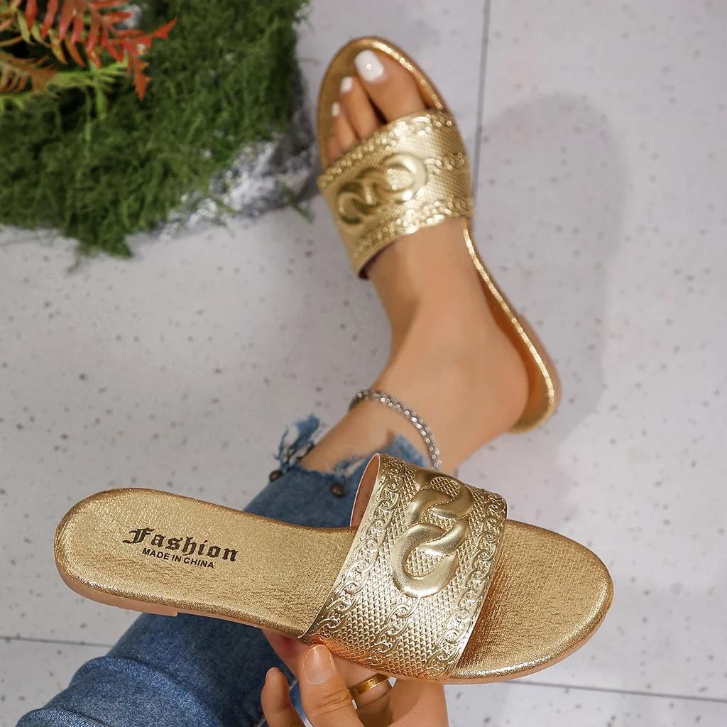 Ladies Casual Slides Female Leather Slippers for Women Shoes Flat Sandals Peep Toe Gold Silver Beach Slippers Flat Shoes