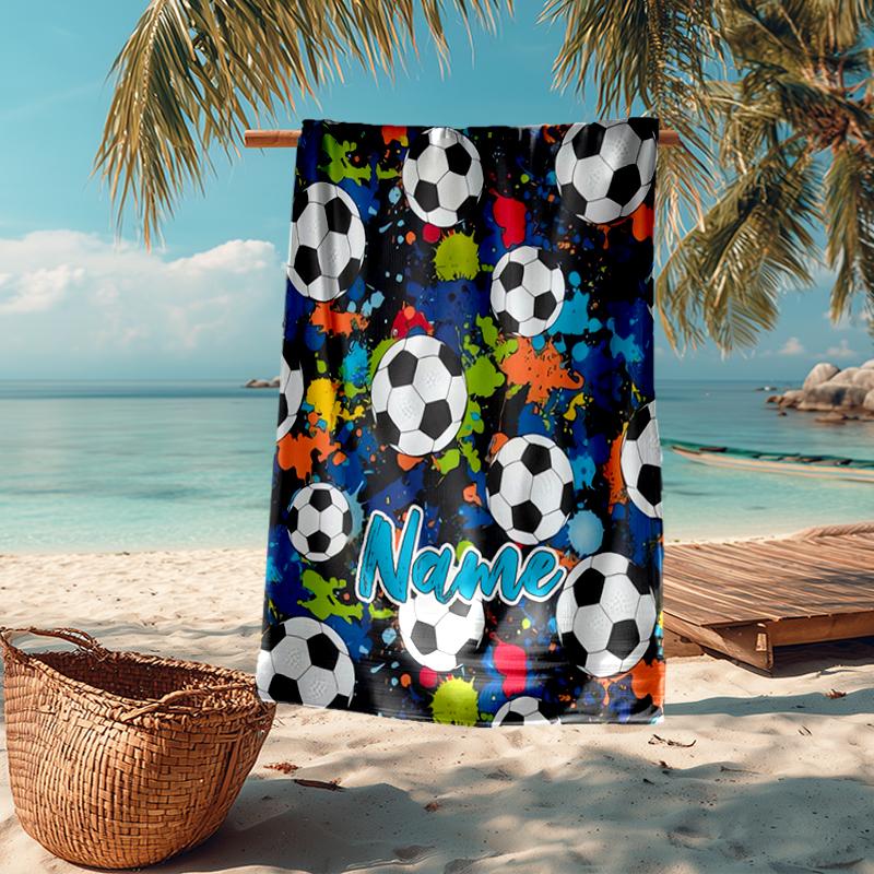 Custom Name Ultra-Soft Beach Towel with Soccer Theme,Ideal for Pool - Camping, Diving - Perfect Travel Essential, Vibrant Beach Towel.