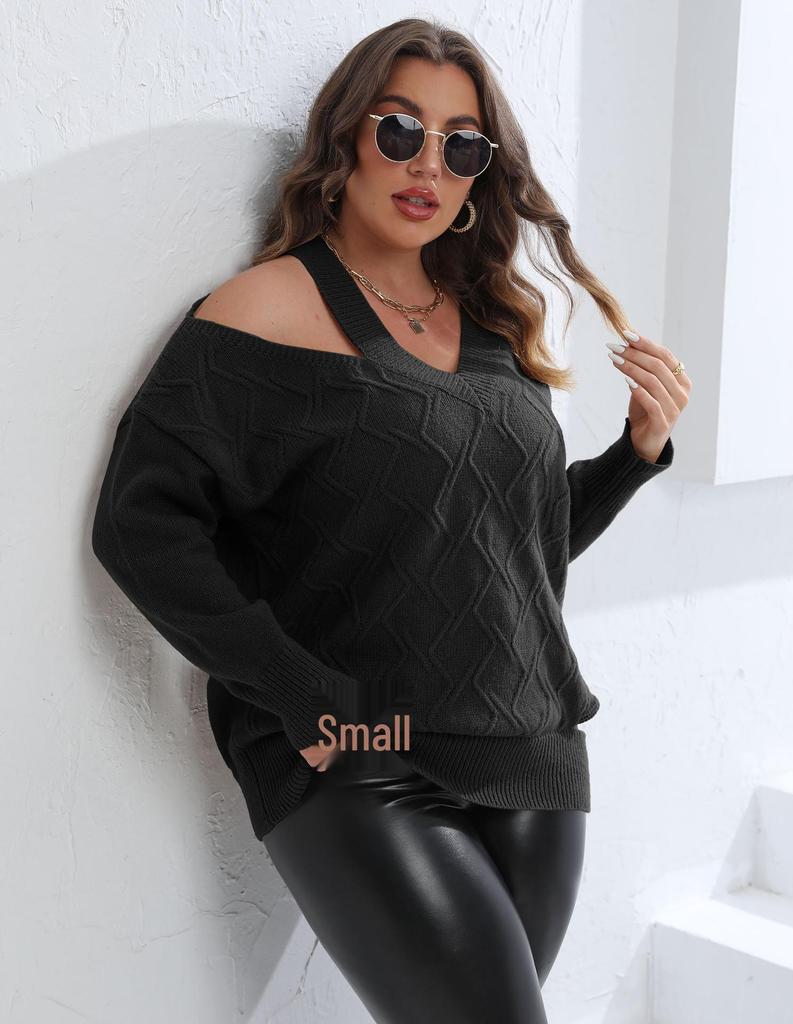Women's Plus Size Off-the-Shoulder Knit V-Neck Sweater - Autumn & Winter Collection