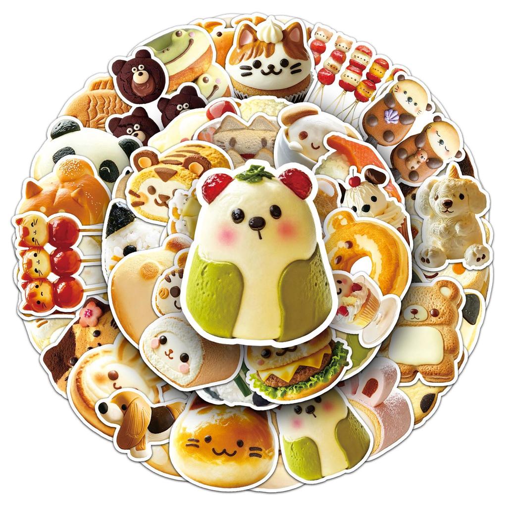 50 Animal Shaped Food Stickers - Cute Bread & Pet Designs for DIY, Journals, Storage Boxes, and Graffiti.