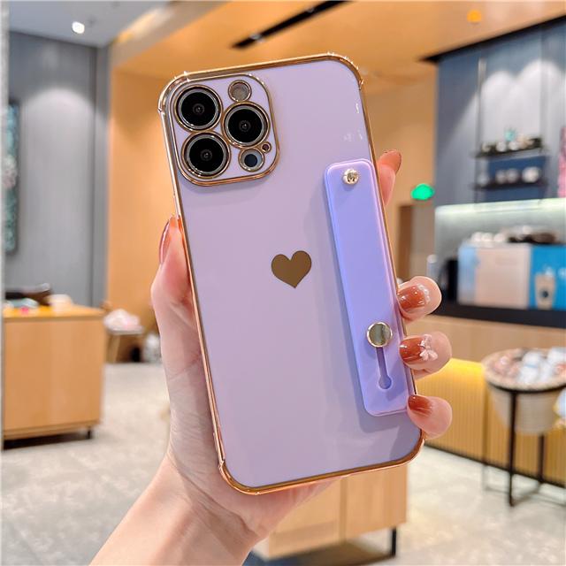 Korean Cute Electroplate Love Heart Wrist Strap Case For iPhone 14 13 Mini 12 11 Pro Max X XS XR 7 8 Plus Shokcproof Stand Cover