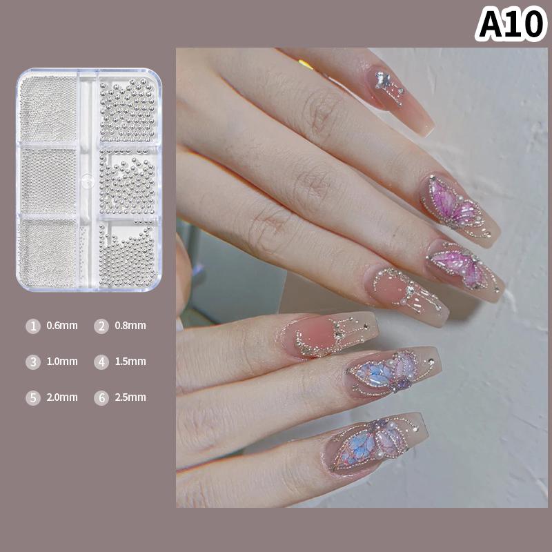 6 Gitter 3 Größen Edelstahl Kaviarperlen Nailart Dekorationen Gold Silber Schwarz Nagelschmuck Maniküre DIY Nailart Dekoration