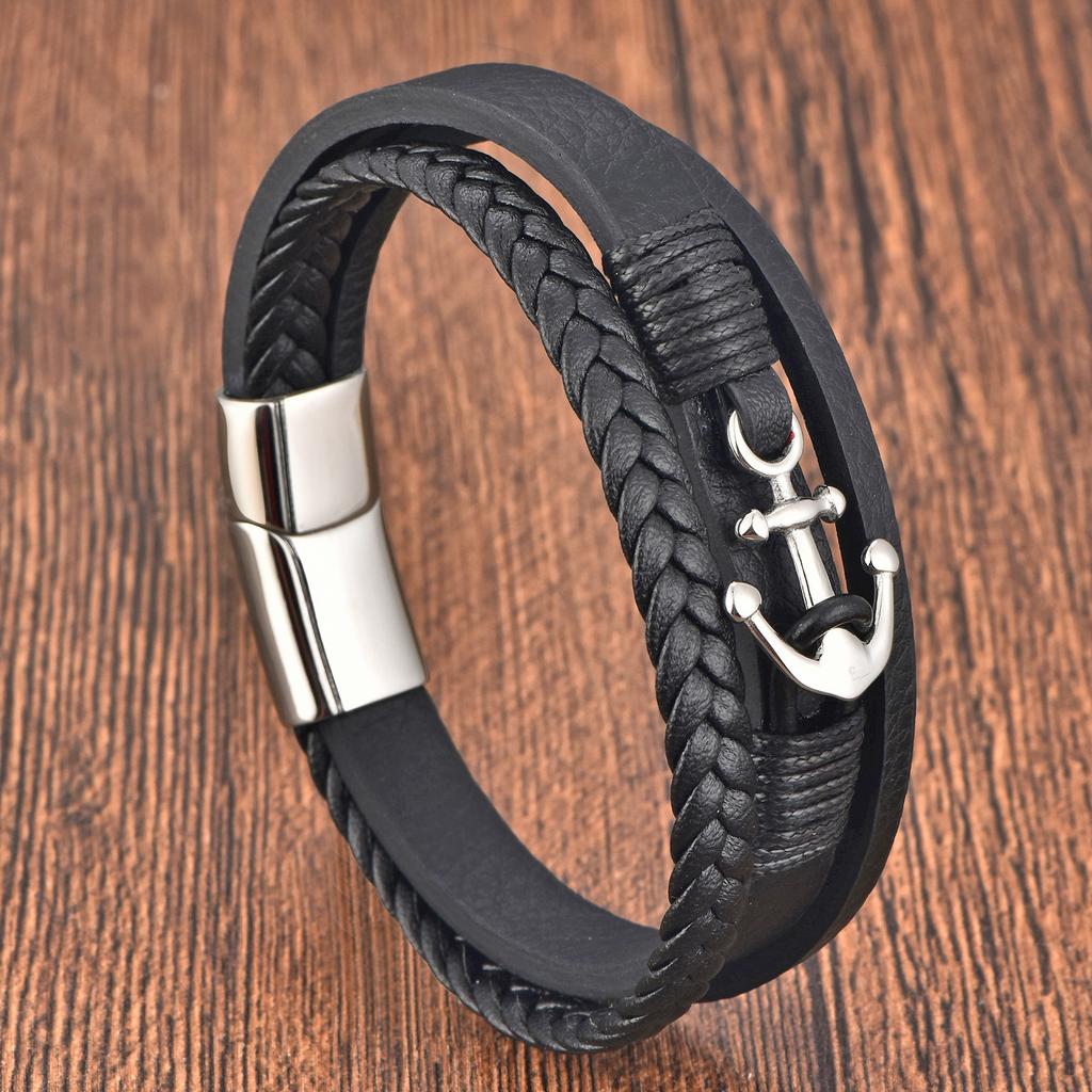 Anchor Black Leather Rope Cowhide Men's Double Layer Woven Bracelet Handmade Multilayer Leather Bracelet