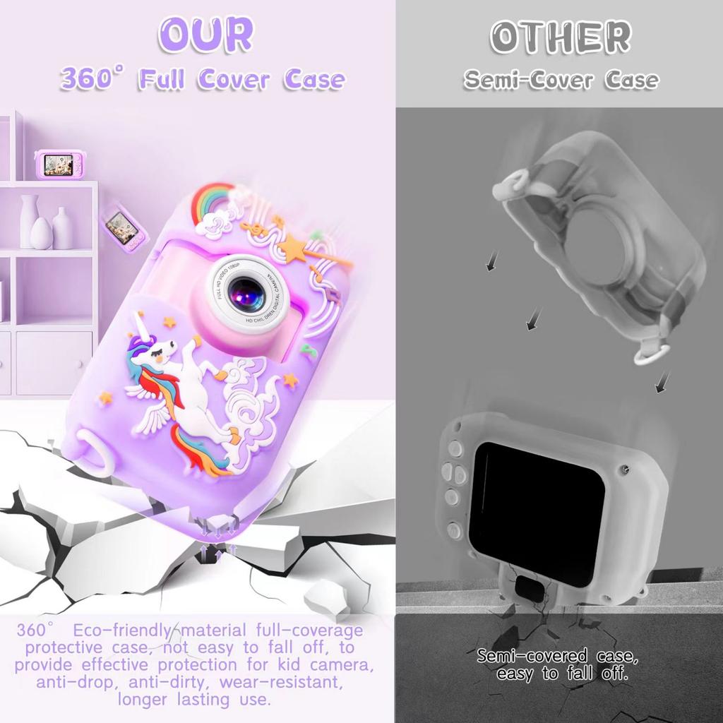 Kinderkamera, ARNSSIEN 180° Klappobjektiv-Kamera für Kinder, 2,4 Zoll IPS LCD Digitalkamera mit Silikonhülle, Kinderselfie-Kamera für 3 4 5
