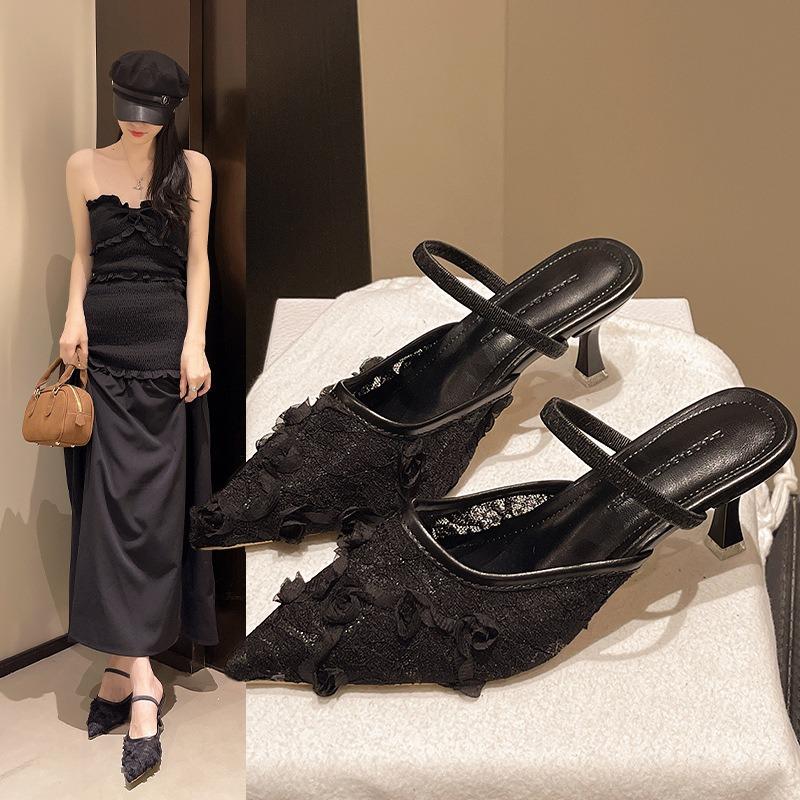 Temperament Pointed Head Gentle High Heel Slippers Women's New Fashion Bag Head Half Drag Thin Heel Cool Slippers Women