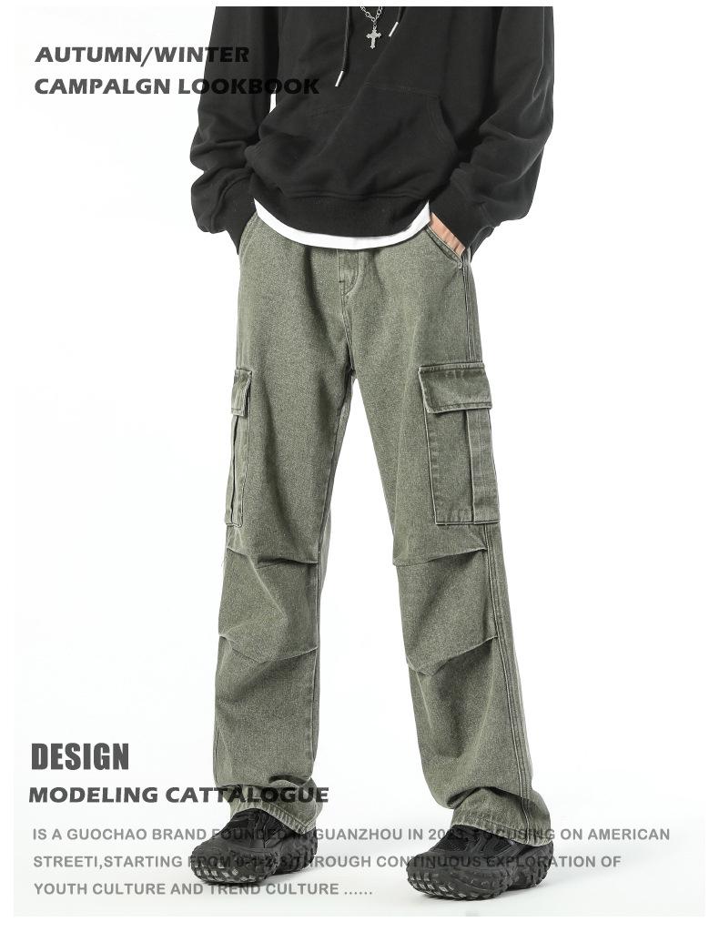 JIAMU Men's Retro High Street Loose Cargo Straight Jeans for Autumn/Winter