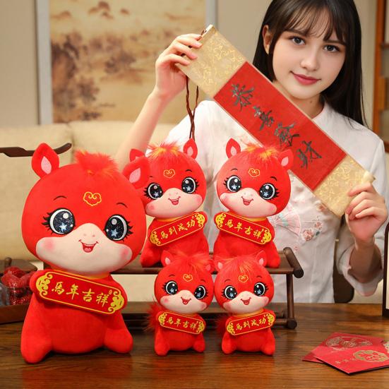 Horse Plush Doll with Blessing Banner Year of The Horse Symbol Traditional Craftsmanship Plush Doll Bedside Car Decoration