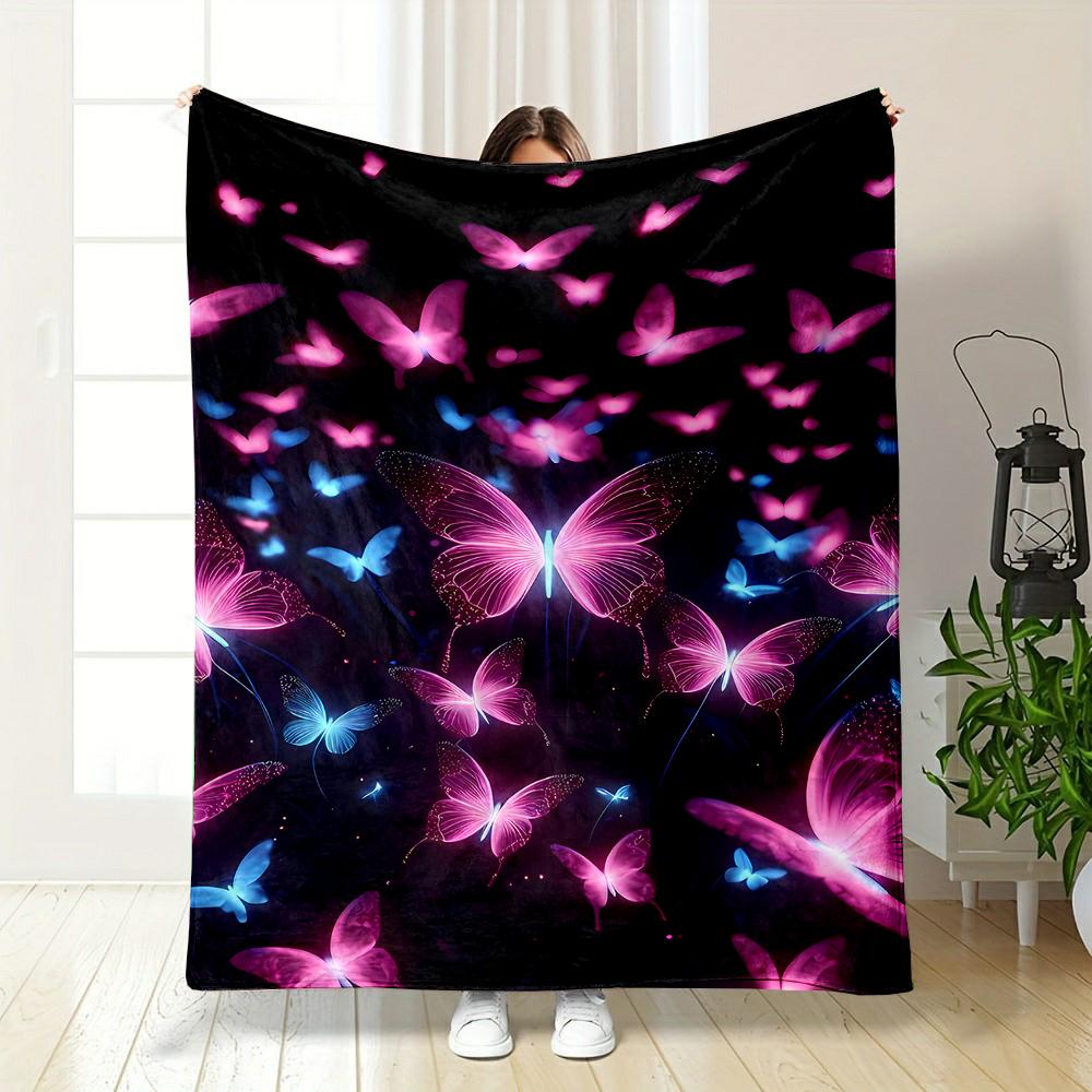 Glowing Pink and Blue Butterflies Night Patterned Flannel Blanket Perfect for the Bedroom Living Room, Sofa, or a Little Nap