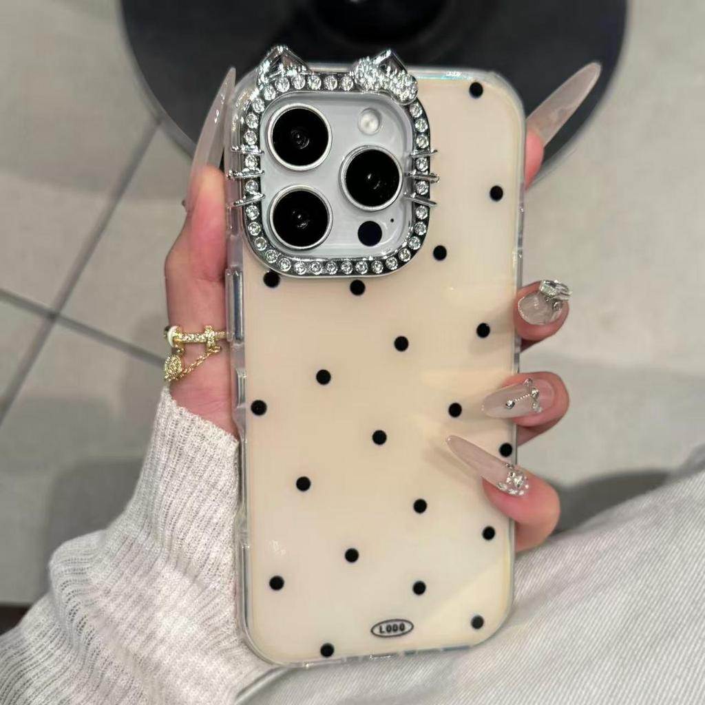INS Style Full-Screen Polka Dot Cat Lens Case for iPhone 17/16 Pro Max - Simple Design for iPhone 15/13