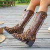 Embroidered Tall Western Cowboy Boots Women's Cross-border New Thick Heel Embroidered Leopard Print To Make a Knight Boots