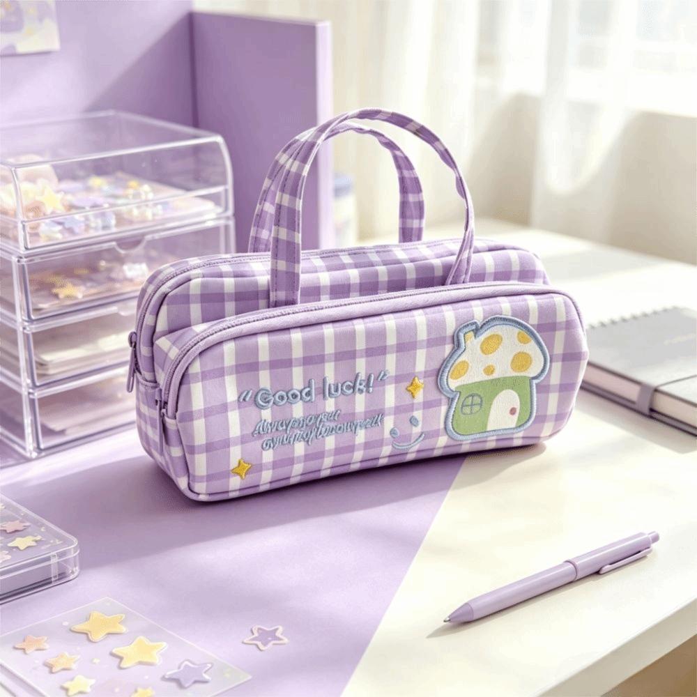 Plaid Pattern Pencil Case Double Layer Stationery Holder Cute Stationery Bag School Stationery