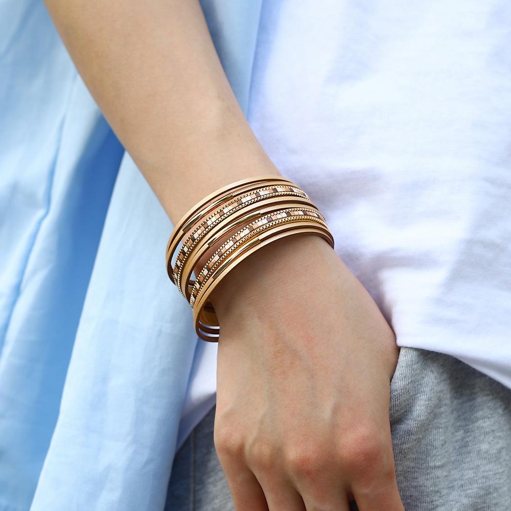 Square Leather Bracelet for Women Boho Tube Multilayer Wrap Wide Bangle Party Jewelry Accessory