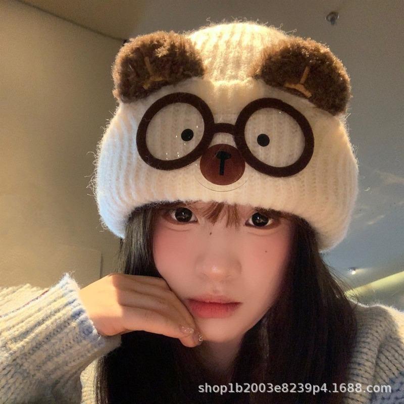 Women Cute Cat Ear Knit Hat Beige Warm Big Head Size Cartoon Cat Glasses Ear Protection Wool Hat