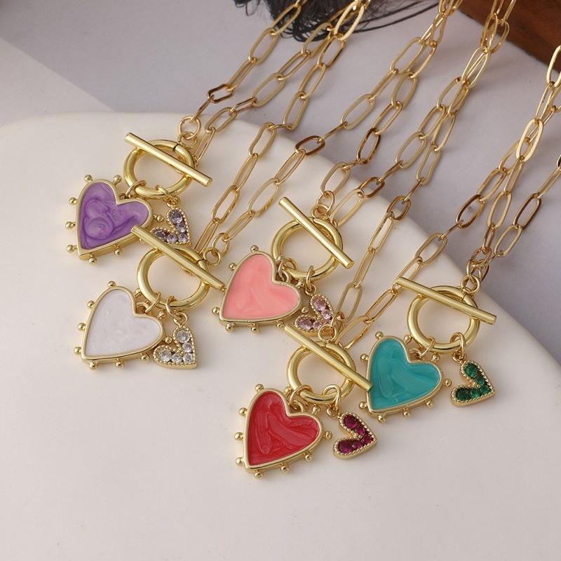 Women's Trendy Copper Inlaid Zircon Heart Pendant Chain Necklace with Ot Buckle