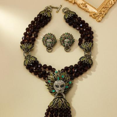Medieval Vintage Court Vintage Full Inlaid Lion Head Heavy Industry Multi-Layer Fringed Necklace Earrings Set