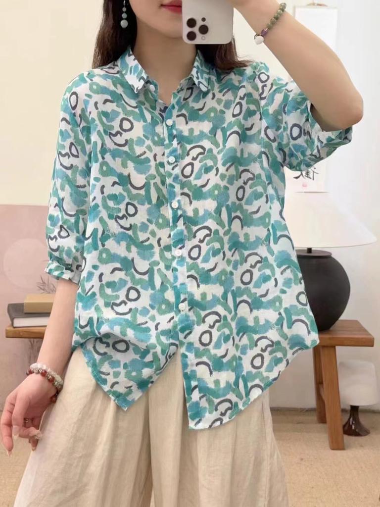 Johnature Women Vintage Print Floral Shirts Tops Turn-down Collar Seven Sleeve Blouses Summer Chinese Style Shirts