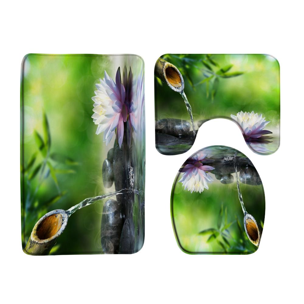 Grüne Pflanzen Bambus Blumen Zen Stein Badezimmervorhang Polyesterstoff Duschvorhänge und Teppiche Toilettendeckel Badematten Set Dekor