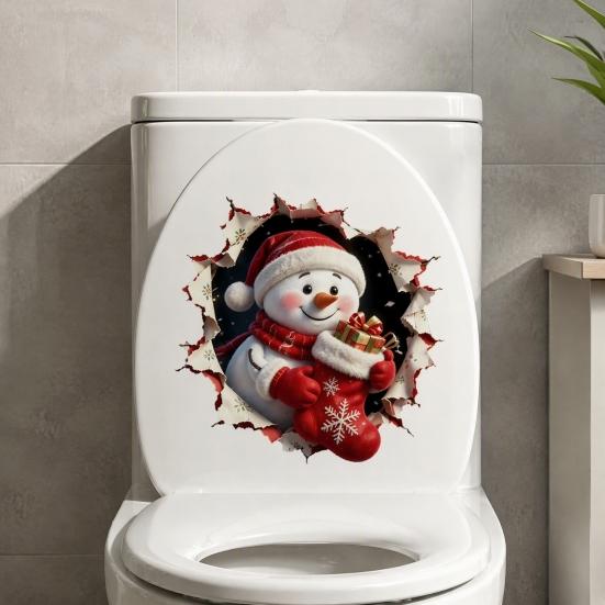 Snowman Pattern Tile Decals Christmas Toilet Decals, 3D Cover Sticker, Waterproof Decor for Bathroom Wall Sticker Holiday Home Lid Decoration