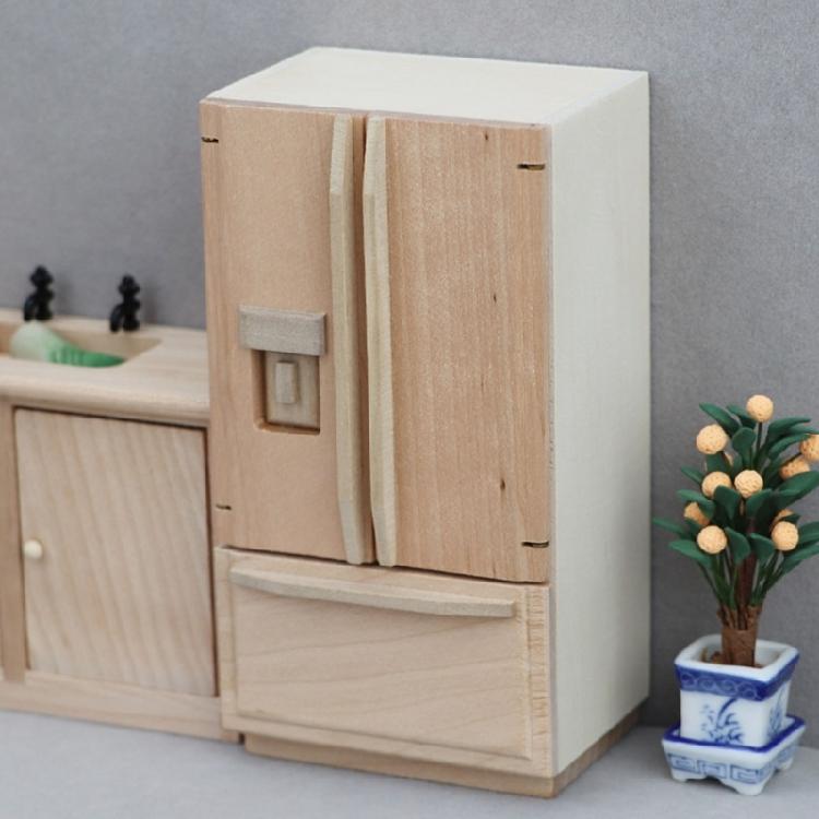 Miniatur-Holzkühlschrank Doppeltür Unbemalter Kühlschrank Möbel für Puppenhäuser Dekorationen Großartig für Sammler und Kinder