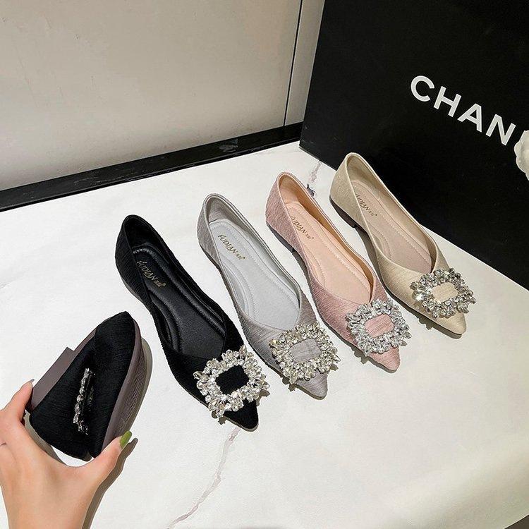Francuskie buty z błyszczącymi cyrkoniami w szpic nowość jesień płaski obcas płytki dekolt eleganckie buty damskie