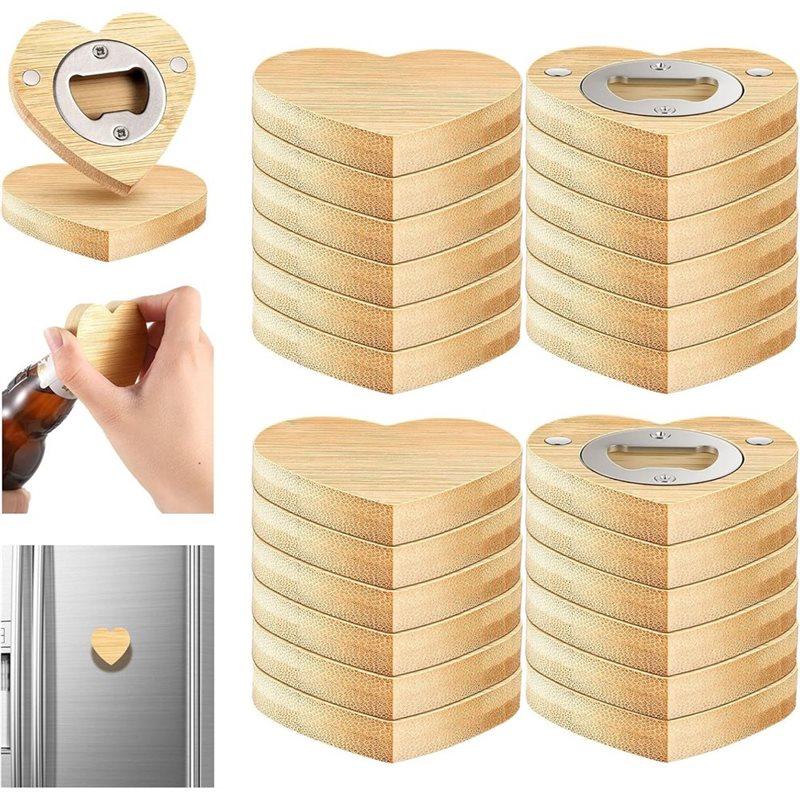 

Bamboo Heart Shape 24 Pcs Magnetic Bottle Opener 2.5In DIY Wooden Beer Openers Fridge Magnet Refrigerator Sticker Gift