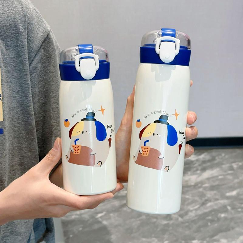 350ml/500ml Cartoon Stainless Steel Vacuum Flask With Straw Portable Cute Kids Thermos Mug Travel Thermal Water Bottle Tumbler