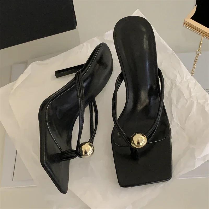 Fashion Comemore 2024 Fashion Clip Toe Pearl Slides Women Slippers Gladiator Sandals Summer Party Thin Heels Flip Flops Shoes