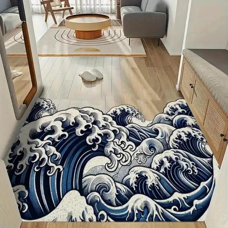 Kanagawa Surf Ukiyo-e Irregular Doormat, Japanese Style Non-Slip Foot Mat, Durable Entryway Rug, Artistic Home Decoration