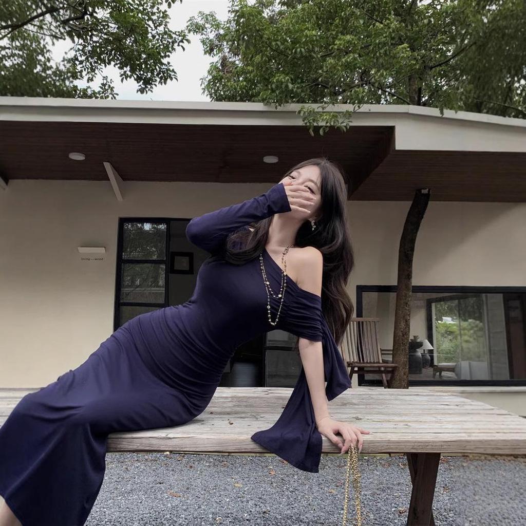 Verano 2025 Vestido Asimétrico de Manga Larga Ajustado Sexy Bodycon con Drapeado en Cadera