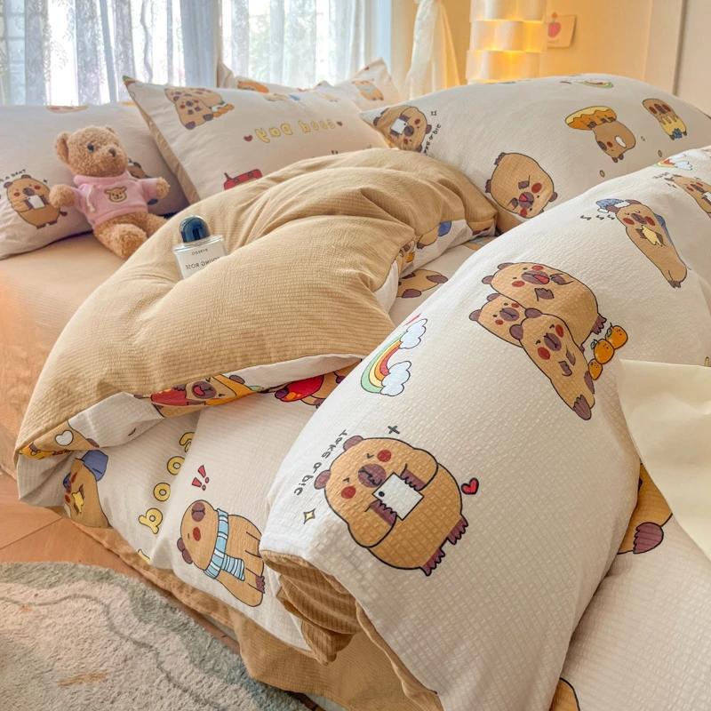 Povlečení Capybara Queen Size 4ks pro milovníky Kapybary Kluci Dívky Dárky Kreslený povlak na přikrývku Oboustranný povlak na přikrývku na kávu